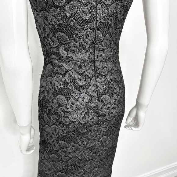 Belle Badgley Mischka Lace Overlay Back Slit Shimmer Maxi Dress Gown Black Sz 4 - Picture 12 of 16